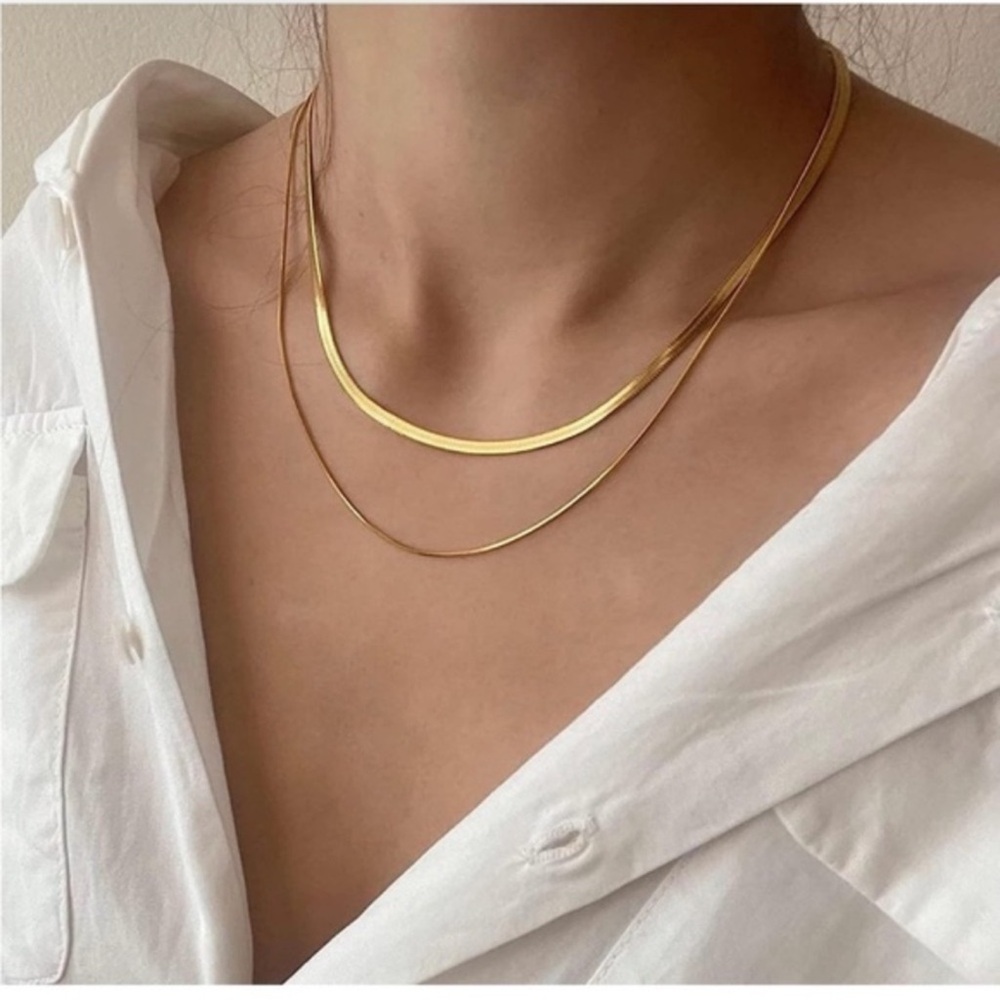 14k Gold Plated 2pc Herringbone Snake Necklace Set